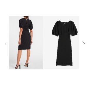 Express Black CINCHED WAIST PUFF SLEEVE SHEATH DRESS